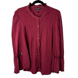 Gretty Zueger Womens Bell Sleeve Button Up Top Size L Red Ruffle Lagenlook Boho